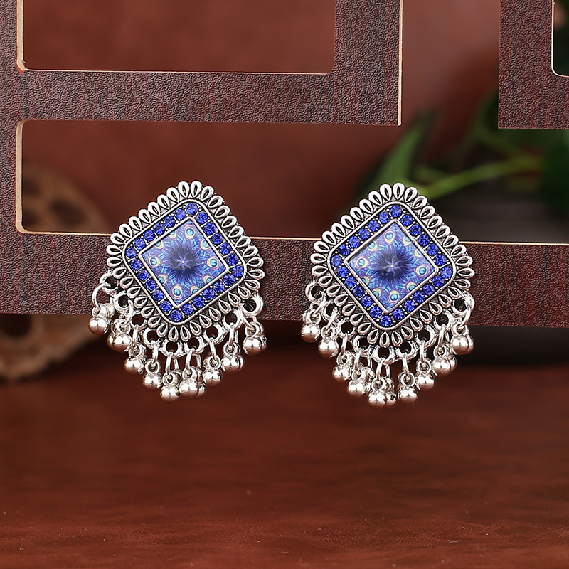 Tassel Earrings Boho - 여성을위한 빈티지 민족 실버 컬러 스퀘어