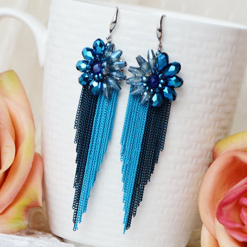 Tassel Earrings Boho - 쌀 구슬 귀걸이 Tassels 크리스탈 꽃