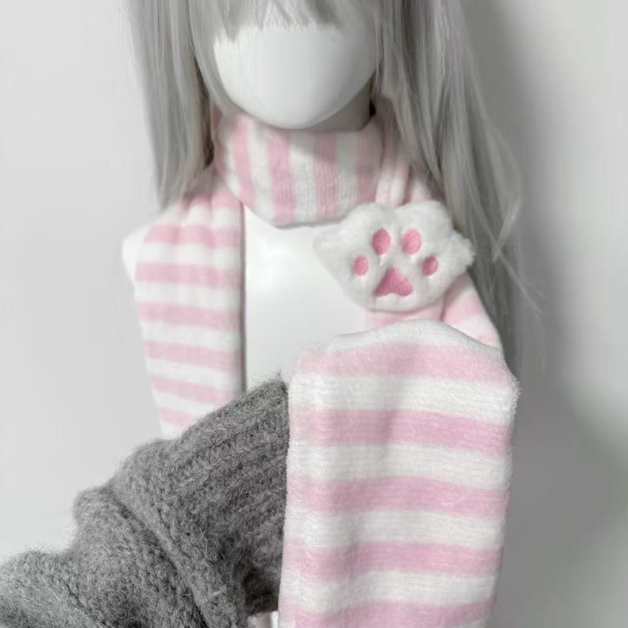 Women'S Winter Accessories Set - 귀여운 니트 스카프 고양이 발 장식