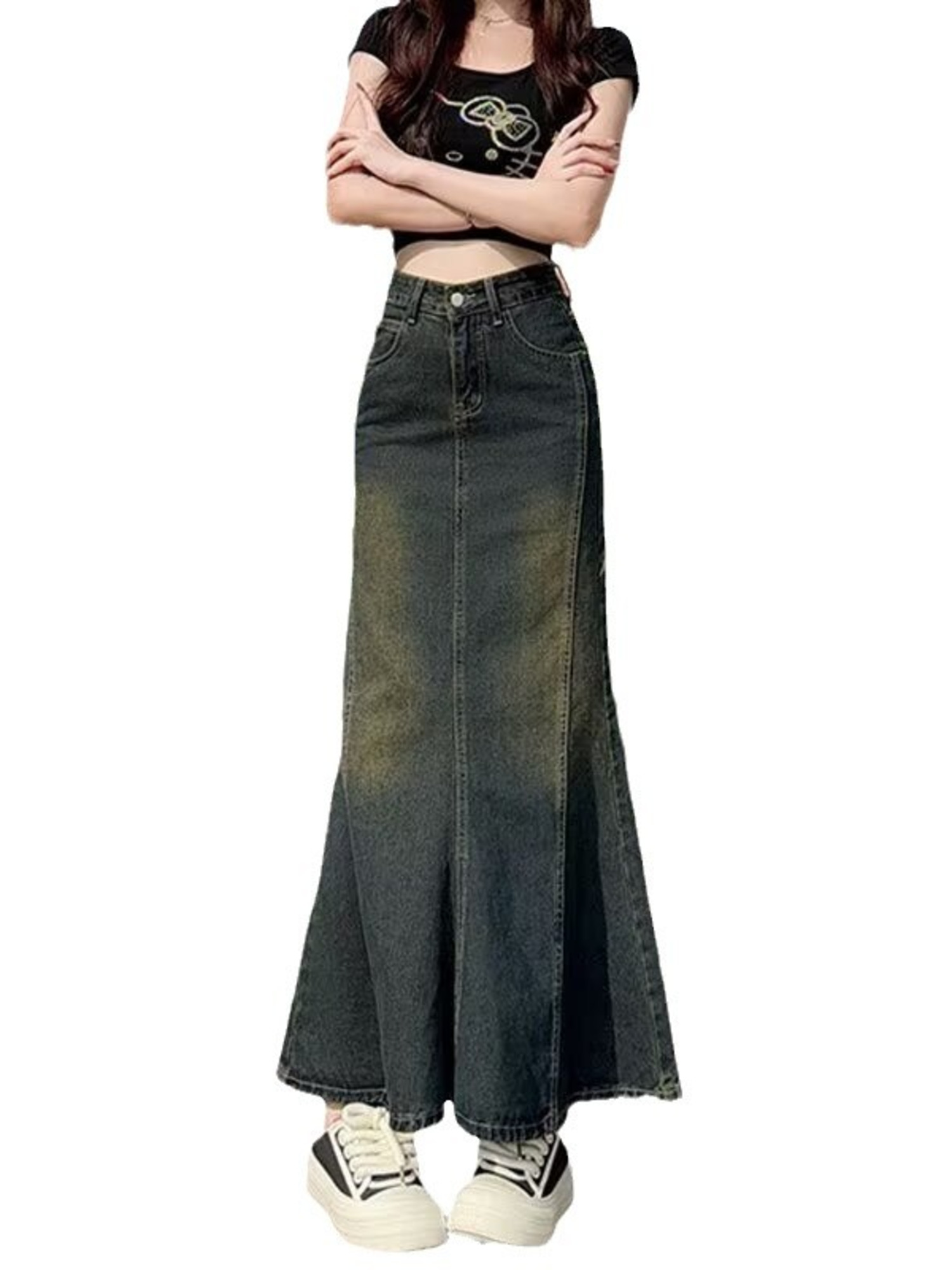 Women'S Jeans Accessories - 여성용 빈티지 워싱 데님 머메이드 맥시
